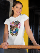 T shirt mockup of a woman leaning on a handrail 28207